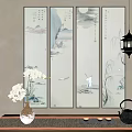 Chinese Landscape Scroll Paintings In Traditional Indoor Setting With Lantern And Flower Vase