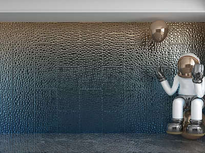 Textured Metallic Background Wall With Astronaut Ornament And Golden Balloon 3d model
