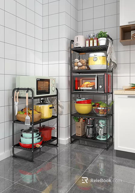 Organized Kitchen Storage Shelves With Microwave Oven Pots Bowls Fruits Vegetables And Coffee Maker 3d model 