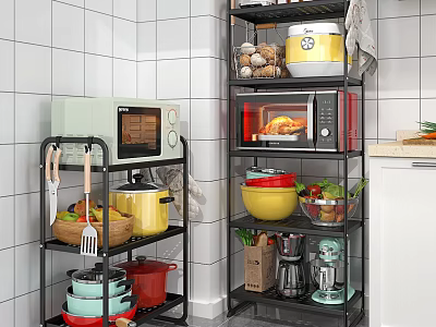 Organized Kitchen Storage Shelves With Microwave Oven Pots Bowls Fruits Vegetables And Coffee Maker 3d model