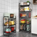 Organized Kitchen Storage Shelves With Microwave Oven Pots Bowls Fruits Vegetables And Coffee Maker