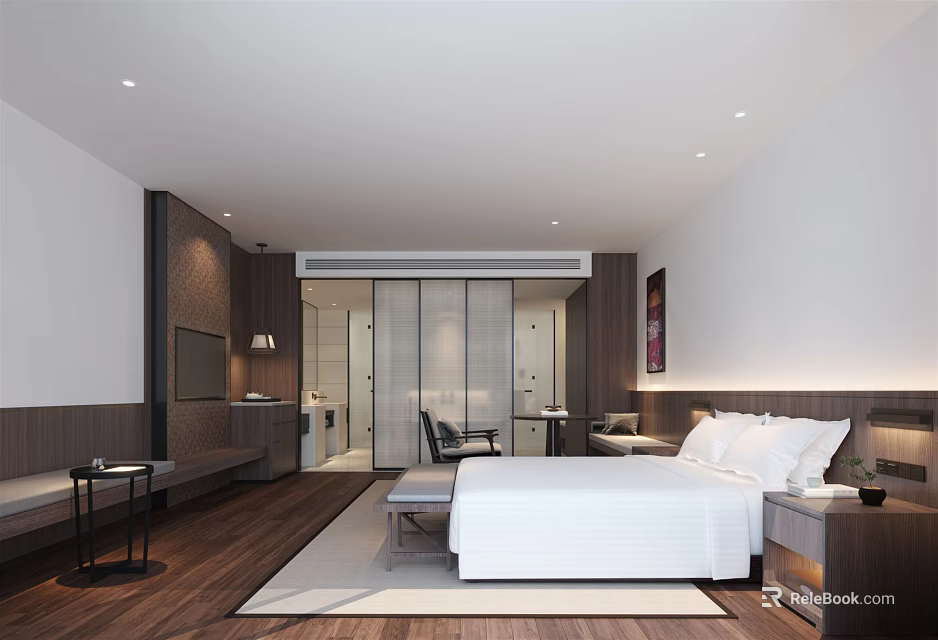 Hotel Guest Room Modern Interior With White Bed Wooden Flooring Seating Area And Bathroom 3d model 