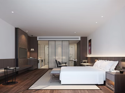 Hotel Guest Room Modern Interior With White Bed Wooden Flooring Seating Area And Bathroom 3d model