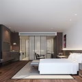 Hotel Guest Room Modern Interior With White Bed Wooden Flooring Seating Area And Bathroom