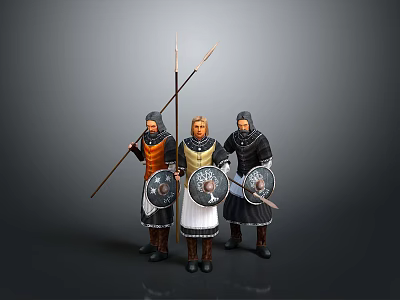 Three Medieval Men Standing Together With Spears And Shields In Historical Attire 3d model