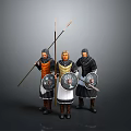 Three Medieval Men Standing Together With Spears And Shields In Historical Attire