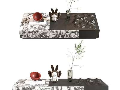 Modern Coffee Table With Patterned Surface Red Sphere Decoration Rabbit Figurine And Vase With Greenery 3d model