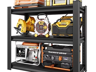 Heavy Duty Storage Shelf With Power Tools Generator Air Compressor And Stacked Equipment 3d model