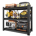 Heavy Duty Storage Shelf With Power Tools Generator Air Compressor And Stacked Equipment