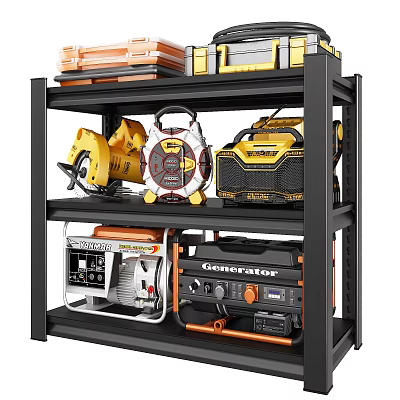 Heavy Duty Storage Shelf With Power Tools Generator Air Compressor And Stacked Equipment 3d model