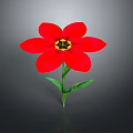 Vibrant Red Flower With Green Stem Leaves And Yellow Black Center On Gray Background