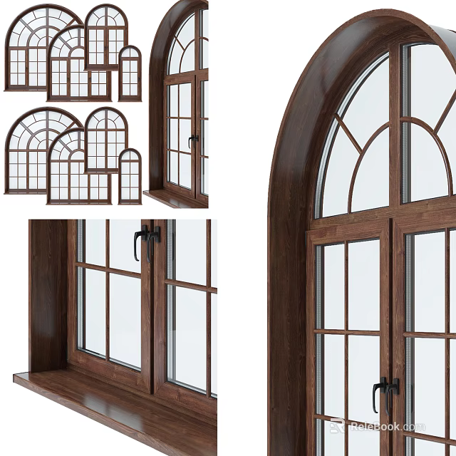 Wooden Casement Window Design With Glass Panes And Arch Top Frame Details 3d model 