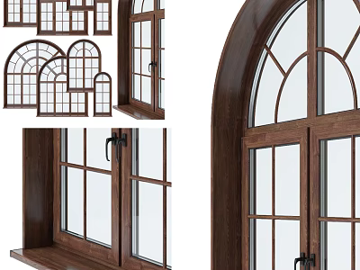 Wooden Casement Window Design With Glass Panes And Arch Top Frame Details 3d model