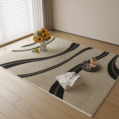 Woven Square Area Rug with Black Wavy Patterns on Wooden Floor Sunflower Vase and Tray 3d model
