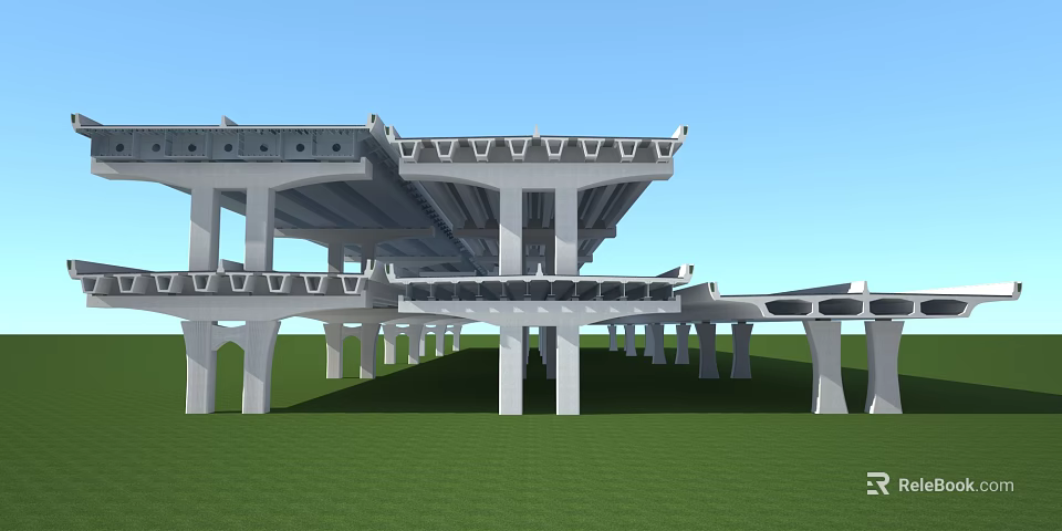 Concrete Elevated Bridge Structure With Multiple Pillars And Green Grass Field Under Blue Sky 3d model