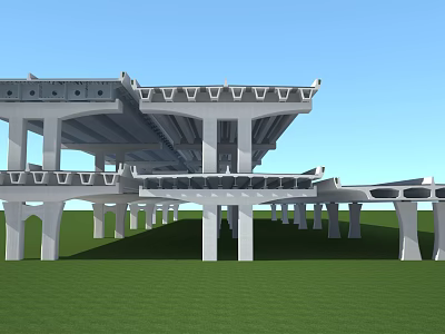 Concrete Elevated Bridge Structure With Multiple Pillars And Green Grass Field Under Blue Sky 3d model
