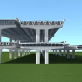 Concrete Elevated Bridge Structure With Multiple Pillars And Green Grass Field Under Blue Sky 3d model