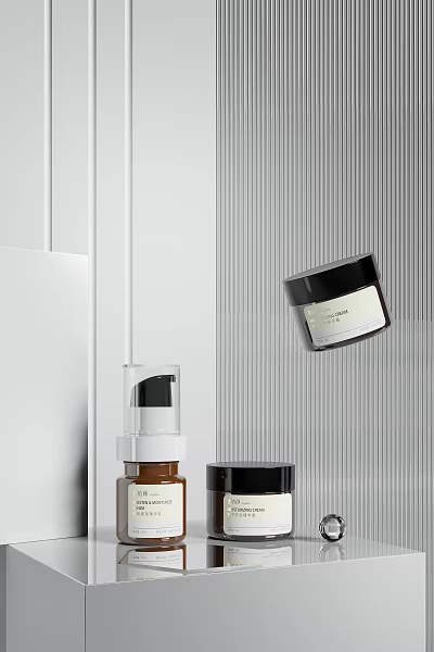 Elegant Perfume And Cosmetics Collection With Glass Jars Matte Bottles And Minimalist Design 3d model