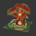 Cartoon Scene Featuring Red Roof Tree House Green Leaves Mushrooms And Stone Path