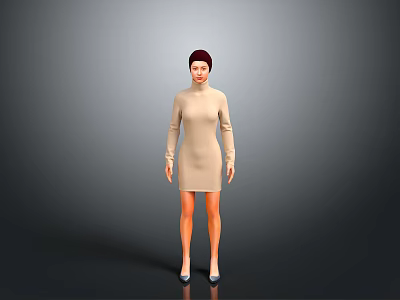 Woman In Beige High Neck Long Sleeve Dress Short Dark Hair Blue Shoes Gray Background 3d model