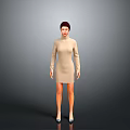 Woman In Beige High Neck Long Sleeve Dress Short Dark Hair Blue Shoes Gray Background
