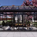 Glass House With Cherry Blossom Trees And Indoor Outdoor Furniture