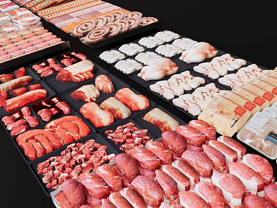 Various Fresh Meat Cuts Displayed On Trays Including Sausages Chicken Breasts And Ribs 3d model