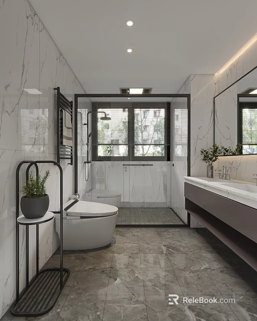 Modern Bathroom Interior Design With Marble Walls Walk-in Shower Toilet And Vanity Mirrors 3d model 