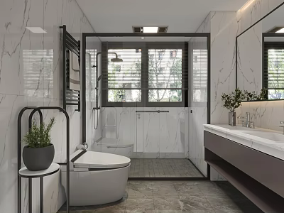 Modern Bathroom Interior Design With Marble Walls Walk-in Shower Toilet And Vanity Mirrors 3d model