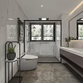 Modern Bathroom Interior Design With Marble Walls Walk-in Shower Toilet And Vanity Mirrors