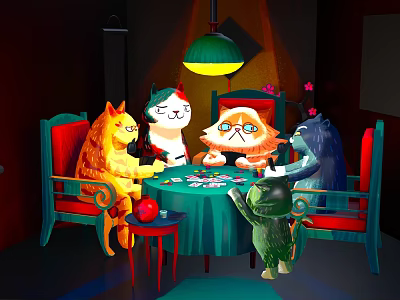 Cartoon Scene Of Cats Sitting Around Table Playing Cards With Chairs And Lamp 3d model
