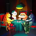 Cartoon Scene Of Cats Sitting Around Table Playing Cards With Chairs And Lamp