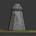 Conical Stone Tower Standing In Green Grass Field With Small Door And Windows