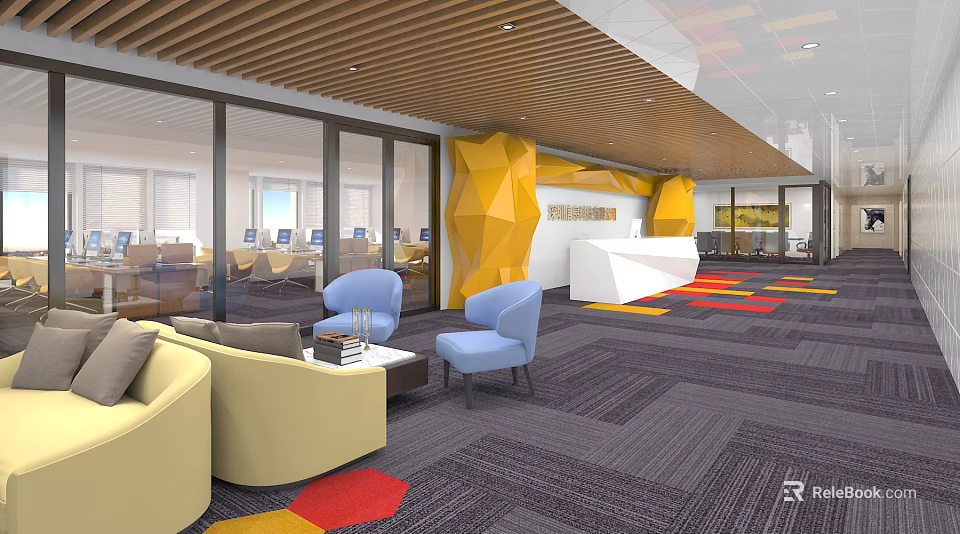 Modern Front Desk Reception Space With Yellow Geometric Walls Blue Chairs Sofa And Colorful Carpet 3d model 