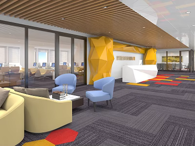 Modern Front Desk Reception Space With Yellow Geometric Walls Blue Chairs Sofa And Colorful Carpet 3d model