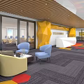 Modern Front Desk Reception Space With Yellow Geometric Walls Blue Chairs Sofa And Colorful Carpet