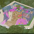 Modern Children's Play Area With Colorful Ground Slides Swings And Surrounding Trees