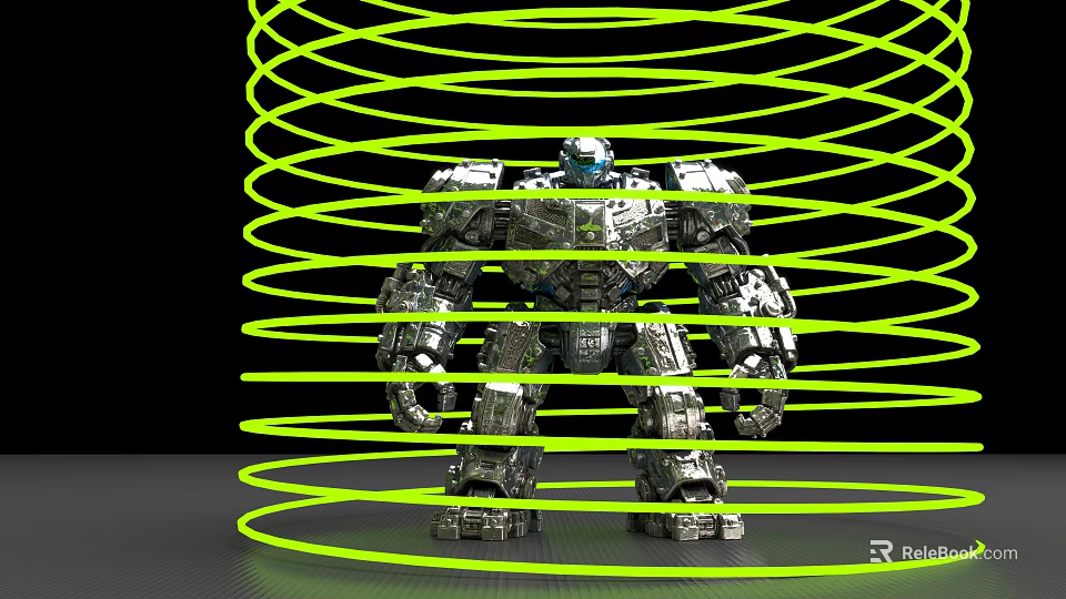 Smart Robot Surrounded By Green Spiral Lines In Digital Rendering 3d model 