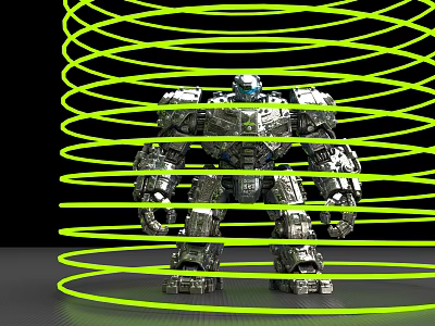 Smart Robot Surrounded By Green Spiral Lines In Digital Rendering 3d model