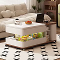 White Coffee Table With Storage Compartment And Snacks Near Beige Sofa And Green Retro Fridge