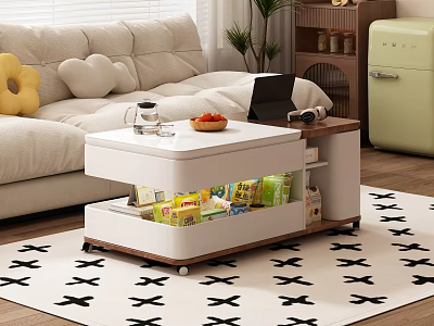 White Coffee Table With Storage Compartment And Snacks Near Beige Sofa And Green Retro Fridge 3d model