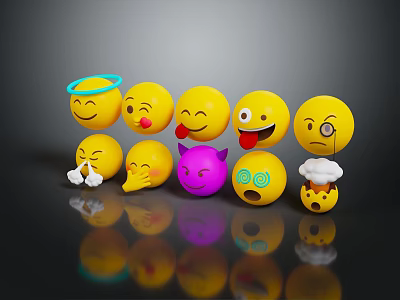 Cute Emoji Decorative Figurine Set With Various Funny Expressions Yellow And Purple For Home Decor 3d model