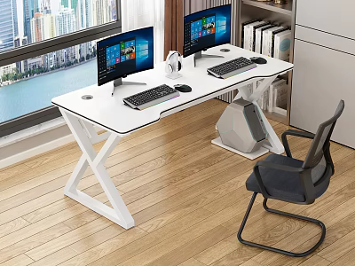 Modern White Desk With X Shaped Frame And Black Chair For Dual Monitor Workspace 3d model