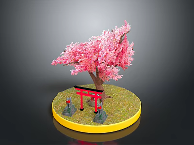 Traditional Japanese Torii Gate With Pink Cherry Blossom Green Grass And Lanterns 3d model