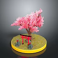 Traditional Japanese Torii Gate With Pink Cherry Blossom Green Grass And Lanterns
