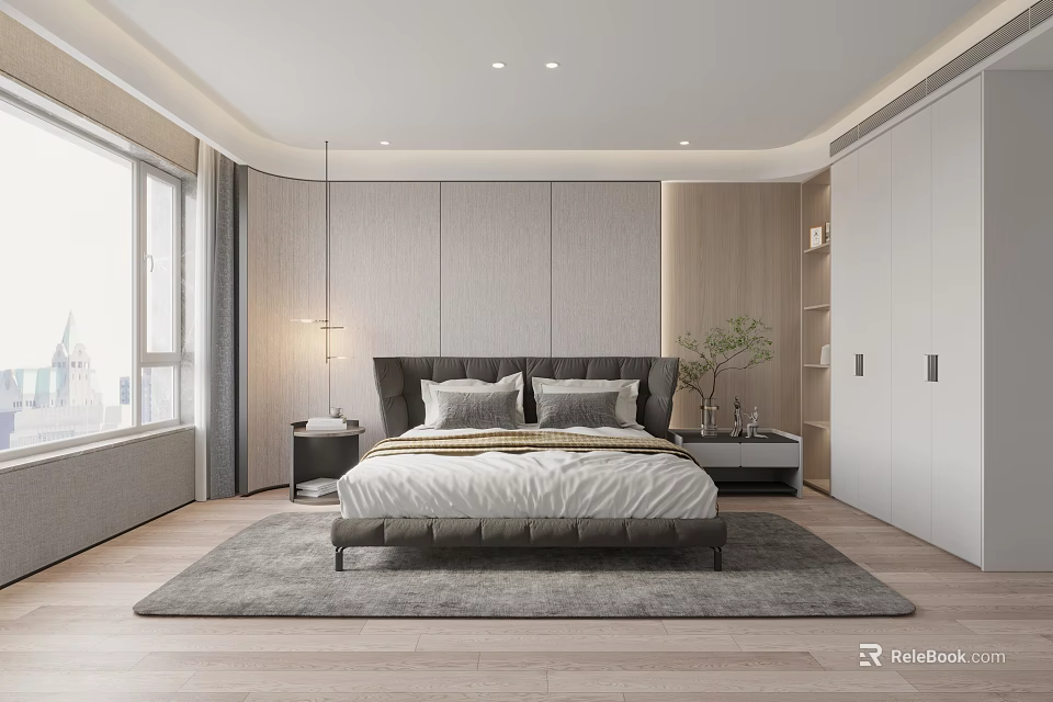 Modern Bedroom Interior Design With Upholstered Bed Nightstand Wardrobe And Area Rug 3d model 