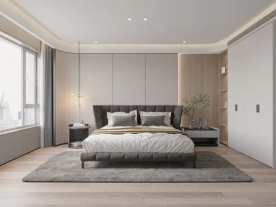 Modern Bedroom Interior Design With Upholstered Bed Nightstand Wardrobe And Area Rug 3d model