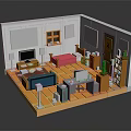 Cozy Room Interior With Pink Bed Blue Sofa TV Desk And Bookshelf