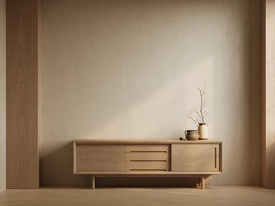 Natural Wood TV Stand With Minimalist Design Drawers And Decorative Vase In Soft Light Interior 3d model