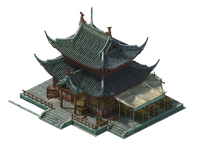 Traditional Chinese Ancient Architecture With Tiered Curved Eaves Wooden Structure And Stone Railings 3d model